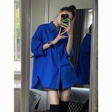休閒襯衫克萊因藍色寬鬆長袖襯衣，春秋季新款港風時尚百搭女上衣
