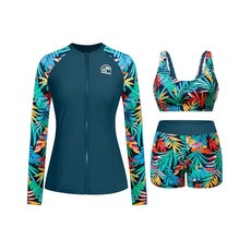 Holipick 여성용 긴소매 수영복 - 3피스 래쉬가드 반바지 지퍼 SPF 수영 셔츠 내장 브라 포함 그린 스트라이프 S 154761