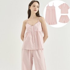 러블리 핑크 체크 잠옷 순면 끈나시 여름 파자마 끈 원피스 잠옷