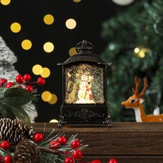 聖誕複古裝飾品聖誕風燈聖誕老人手提打水扁燈髮光帶音樂禮物擺件, 1個, 扁方雪人