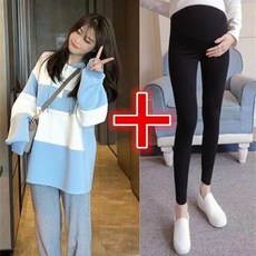 봄 가을 임산부 세트 캐주얼 임부복 기질 임부 배색 하프 맨투맨 + 슬림핏 하이웨이스트 레깅스 팬츠 상하 투피스 세트 LPC