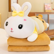 안고자는 긴베개 등받이 쿠션, 인형 + 담요, 밀크티 노란 토끼