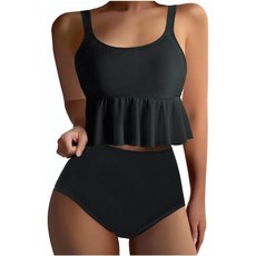 귀여운 투피스 수영복 여성 러플 밑단 크롭탑과 하이웨이스트 하의 배 조절 비치 비키니 세트