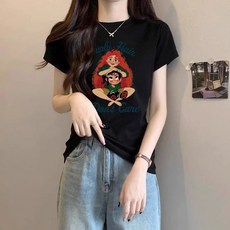 디자인 감각이 돋보이는 여성용 여름 티셔츠 순면 소재 슬림핏 라운드넥 그레이 컬러 프린트 디자인.