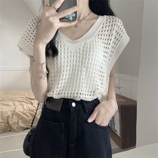 루즈핏 여름 반팔 그물니트 브이넥, 화이트, 무료