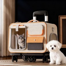 CYLIFE 반려동물 이동가방 투포켓 반려동물 이동장 휴대용 백팩+4륜 캐리어 이동장 유모차 개모차, 1개, 베이지