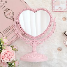 HEILUMI 復古化妝鏡 桌上立式室內裝飾化妝台鏡子, 復古愛心 粉紅色