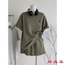 大尺碼運動套裝女夏：寬鬆短袖上衣+防走光A字裙，適合2-300斤大碼MM