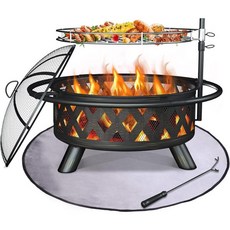 Amopatio 외부용 아모파티오 파이어 피트 30인치 대형 야외 목재 버닝 강철 BBQ 그릴 조리격자가 있는 파티오 뒷마당 정원용 스파크 스크린 포커 모닥불 캠핑 피크닉, Firepit+Cover+Mat, 1개