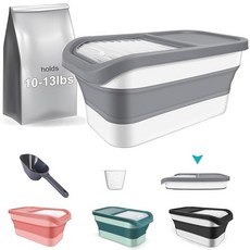 YECERCAN 반려동물 사료 보관 용기 투명 슬라이딩 뚜껑이 있는 접이식 고양이 4.5-5.9kg(10-13파운드) 플라스틱 개 통 계량 컵 및 스쿱 포함, 스몰 그레이