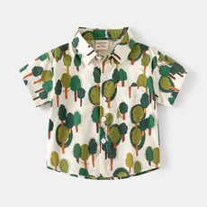 BabyBear 兒童純棉短袖襯衫 夏季綠樹印花 舒適透氣 90-140碼