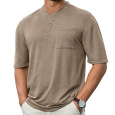 Opomelo 남성용 헨리 셔츠 반소매 애슬레틱 스트레치 티 베이직 여름 버튼 티셔츠 포켓 포함 데님 블루 XXL 269817, 브라운