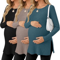 Ficerd 3팩 여성용 임산부 셔츠 긴소매 골지 임산부 스웨터 스쿱넥 슬릿 사이드 니트 티 엄마 의류 블랙 커피 피콕 블루 S