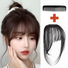 폴케이 인모 100% 프리미엄 앞머리 가발, 1개, 내츄럴 블랙+휴대용 빗