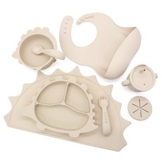 이유식 유아식기 세트 - 흡착 식판 + 흡착볼 + 수저 세트 + 물컵(빨대 스낵컵 포함) + 턱받이, 공룡 베이지, 1개, 부들부들 이유식기