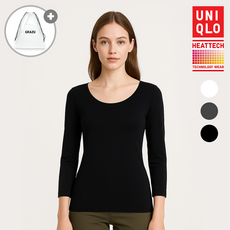 유니클로 여성 히트텍 U넥 긴팔 티셔츠 8부 발열 내의 내복 상의 + GRAZU 파우치