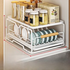 모던 미니멀리스트 주방 수납 분리형 내부 싱크대 다기능 캐비닛 풀아웃 식기 건조대 선반 바스켓, 확장 50 더블 레이어 그릇걸이 접시걸이 화이트