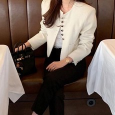 여성 크롭 자켓 노카라 하객룩 오피스룩 정장 아우터 flo3+1tFt