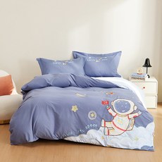 A類母嬰級全棉水洗棉四件套兒童可愛卡通貼布繡純棉被套三件套, 1個, 宇航夢:1.2m牀-牀單款三件套(被套150*200cm)
