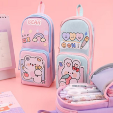 주포어유 귀여운 원도우 패브릭 더블 대용량 감성 필통, 1개, 하늘색 토끼