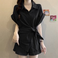 TKX 여성 여름 셔츠 반바지 투피스 허리 리본 심플 캐주얼 세련된 데일리룩
