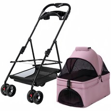 寵物推車 摺疊推車 狗推車 貓推車 一鍵收摺 分離式寵物推車 可上高鐵 寵物提籃, 粉色(可分離+單手折疊+餐盤), 1個