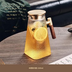 耐高溫玻璃冷水壺 四方壺 胡桃木木柄銅把, 高硼矽胡桃木木柄銅把四方壺1500ml - 含金色蓋, 1套, 1500ml