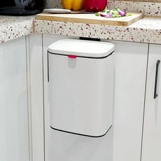 주방쓰레기통 벽걸이 휴지통 스텐 인테리어 수납통, 플레인 텍스처 무광화이트 8L 블랙링