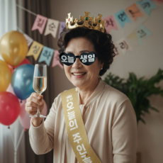 부모님 생신 왕관 어깨띠 세트, 1세트, 오늘생일 안경