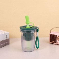 浮球吸管杯 兒童塑膠水杯 學生便攜大容量帶茶倉防漏, 墨綠色 - 小咖啡杯 如圖 - 支援, 1個