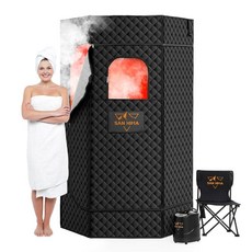 SAN HIMA 가정용 휴대용 사우나 레드 라이트 테라피가 있는 1인용 스팀 사우나 박스 3L 1500W 스팀기 9가지 열 레벨 90분 타이머 접이식 의자 리모컨 실내, 1 Person