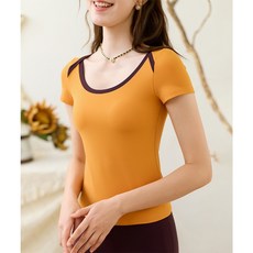 QUEEN YOGA 瑜伽運動短袖上衣 優雅撞色設計 固定一體杯 舒適透氣 時尚風格 琉璃黃 XL