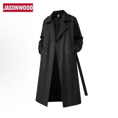 JASONWOOD 美式復古雙排扣長款風衣外套 老錢風毛呢大衣