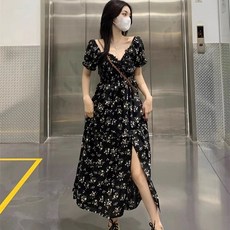 투니스 여성 플라워 사이드 슬릿 롱 반소매 원피스