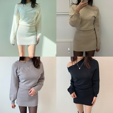 [반애] 데어립스원피스 니트 원숄더 긴팔 미니 기본 슬림이너