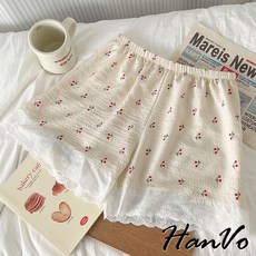 HanVo 日系泡泡紗蕾絲薄款居家褲 cute少女居家打底睡褲 韓版百搭下著 女生衣著 A13-2908