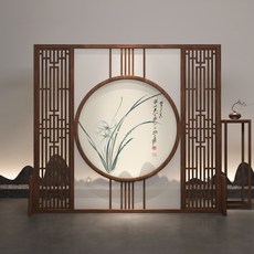 新中式實木屏風隔斷：客廳玄關、辦公室茶室適用，蘭花座屏風水裝飾, 1個, 樟子松 140*180CM（左右鏤空）,組裝