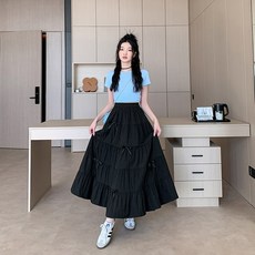 투니스 여성 리본 스플라이싱 A라인 롱 스커트