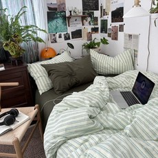 이불 슈퍼싱글 그린 베개 싱글 스트라이프 킹 침구커버세트 순면 퀸 커버 세트 카키 베개커버