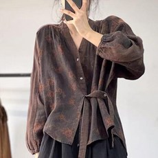 COSYEVNO 개량한복 여성 가을 니트 브이넥 프린트 문예 루즈 캐주얼 데일리 패션 버튼 긴팔 상의 CXJhf-12