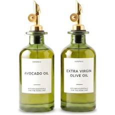 그린 유리 오일병 2개 세트 골드 캡 주방 양념통 식용유 디스펜서 라벨 40종 포함 카페 에어비앤비 인테리어 소품 올리브유 용기, Gold w/ Green, 12oz / 350ml (Set