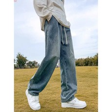 원마켓 루즈핏 스트레이트 청바지 와일드핏 넉넉한 일자바지 고무줄 허리, 미디엄 블루