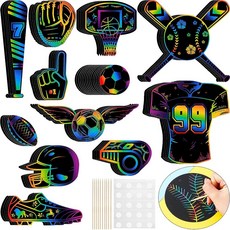 Qilery 70피스 스포츠 스크래치 오프 종이 공예 세트 나무 스타일러스와 리본 포함 스포츠 볼 무지개 종이 스크래치 패드 용 DIY 예술 및 공예 용품 축구 파티