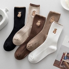 Wodemi 女性可愛刺繡小熊羅紋四季中筒棉襪5雙組 W453