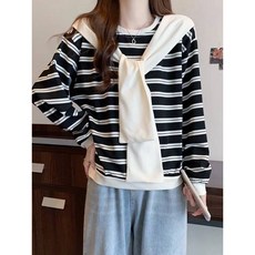 條紋假二件式披肩造型長袖T恤