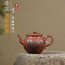 原礦降坡泥手工功夫茶紫砂壺, 1個, 手工筋紋荷趣功夫茶紫砂壺:330ml