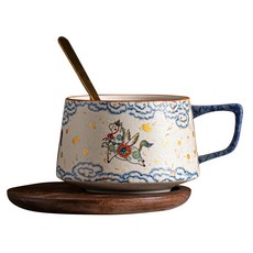 青花馬上飛咖啡杯碟組 陶瓷拿鐵杯 下午茶杯, 咖啡杯 杯墊 勺, 1個