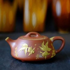金魚造型茶壺, 名家卡蓋石瓢黃龍山原礦朱泥全手堆花描金宜興正品紫砂壺收藏1入 -, 1個, 1L
