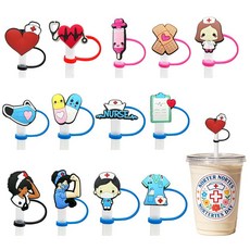 13피스 간호사 빨대 토퍼 실리콘 의료용 빨대 커버 10mm/0.4인치 귀여운 간호사 재사용 가능한 팁 뚜껑 30&40온스 텀블러 컵 액세서리용, 13피스 간호사 빨대 토퍼 실리콘 의료용 빨대 커버 1