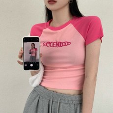 러블리 여성 캐주얼 골지 나그랑 크롭 반팔티